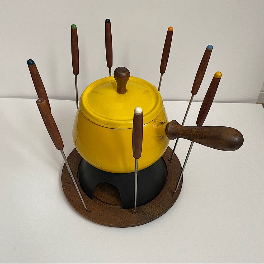 Vintage Fondue Pot with forks and base.